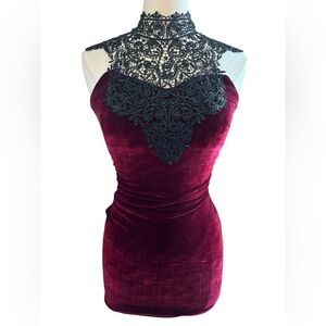 Emerald Sundae Burgundy Velvet Bodycon Dress Black lace high-neck overlay Small